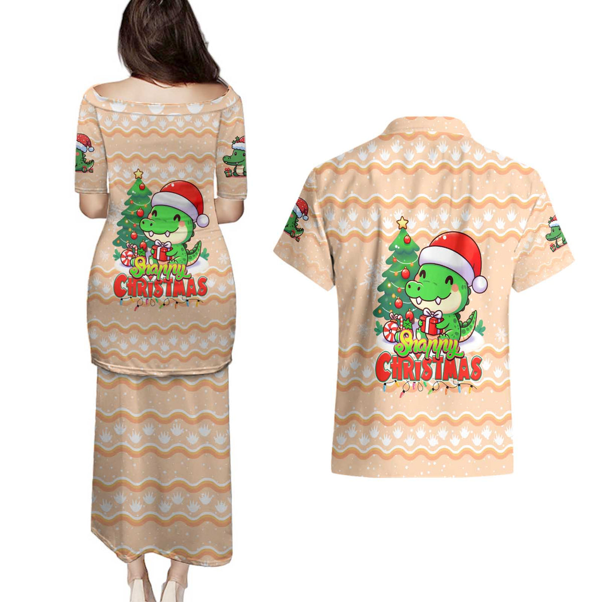 Crocodile Snappy Christmas Couples Matching Puletasi and Hawaiian Shirt Cute Alligator Holiday Tree Cartoon Design - Wonder Print Shop