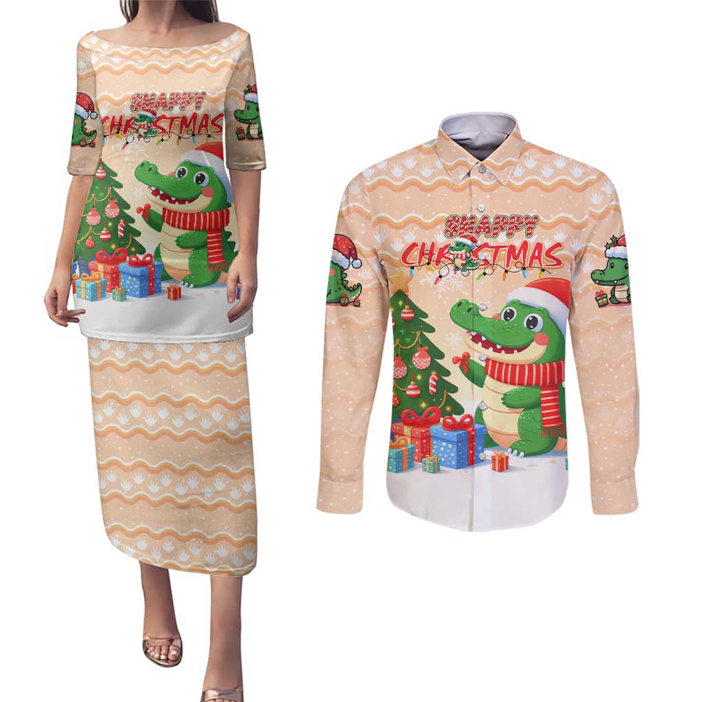 Crocodile Snappy Christmas Couples Matching Puletasi and Long Sleeve Button Shirt Cute Alligator Holiday Tree Cartoon Design - Wonder Print Shop
