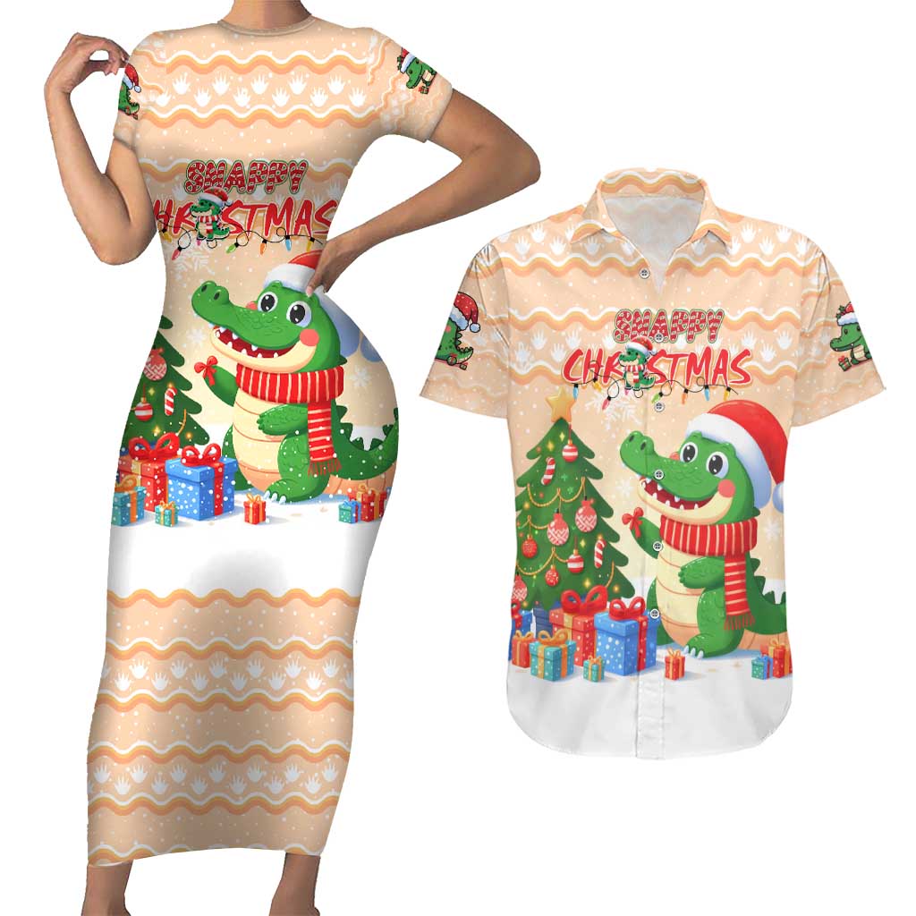 Crocodile Snappy Christmas Couples Matching Short Sleeve Bodycon Dress and Hawaiian Shirt Cute Alligator Holiday Tree Cartoon Design - Wonder Print Shop