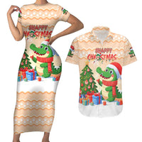 Crocodile Snappy Christmas Couples Matching Short Sleeve Bodycon Dress and Hawaiian Shirt Cute Alligator Holiday Tree Cartoon Design - Wonder Print Shop