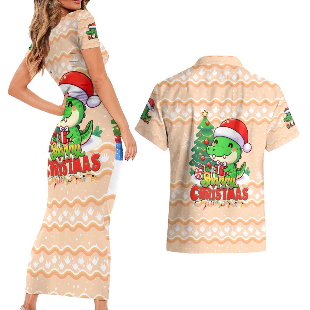 Crocodile Snappy Christmas Couples Matching Short Sleeve Bodycon Dress and Hawaiian Shirt Cute Alligator Holiday Tree Cartoon Design - Wonder Print Shop