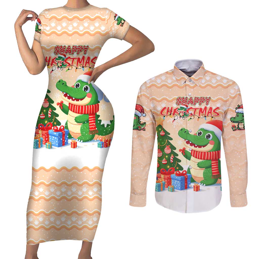 Crocodile Snappy Christmas Couples Matching Short Sleeve Bodycon Dress and Long Sleeve Button Shirt Cute Alligator Holiday Tree Cartoon Design - Wonder Print Shop