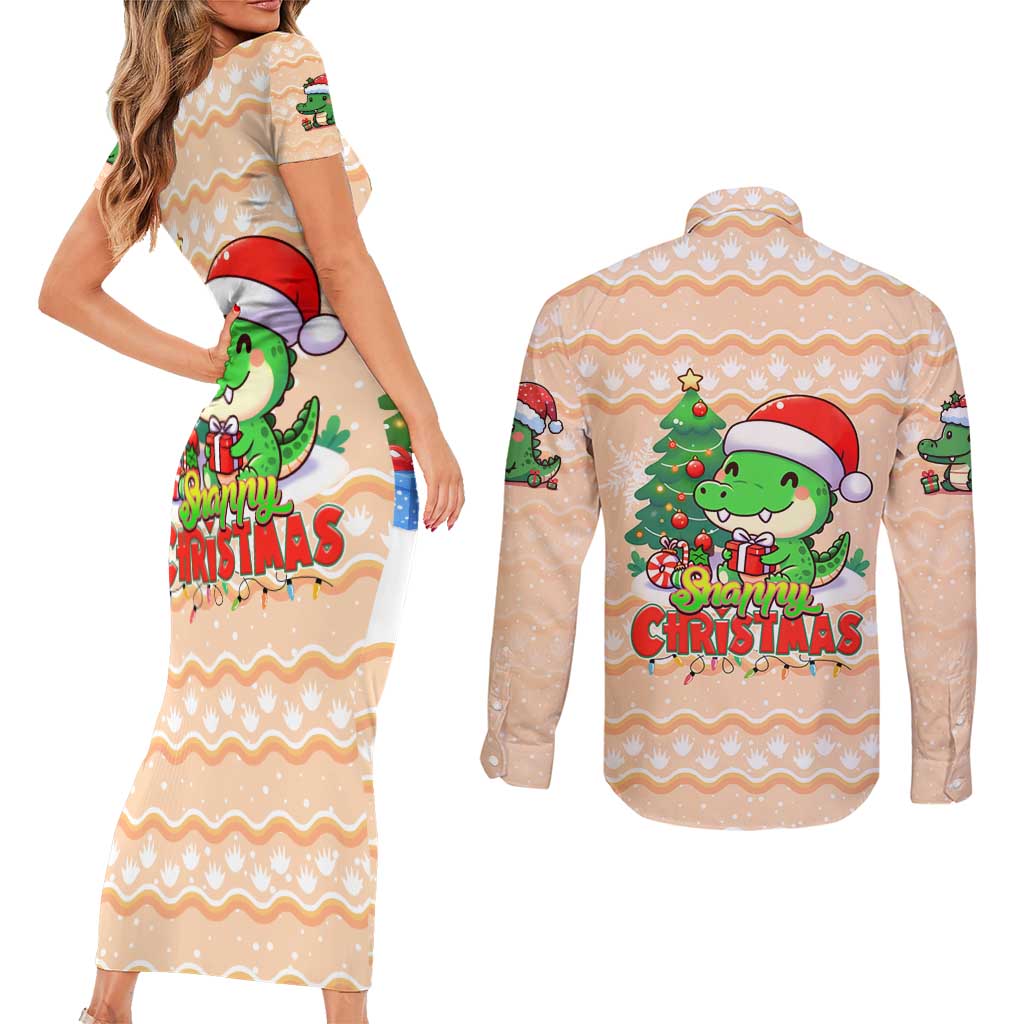 Crocodile Snappy Christmas Couples Matching Short Sleeve Bodycon Dress and Long Sleeve Button Shirt Cute Alligator Holiday Tree Cartoon Design - Wonder Print Shop