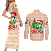 Crocodile Snappy Christmas Couples Matching Short Sleeve Bodycon Dress and Long Sleeve Button Shirt Cute Alligator Holiday Tree Cartoon Design - Wonder Print Shop
