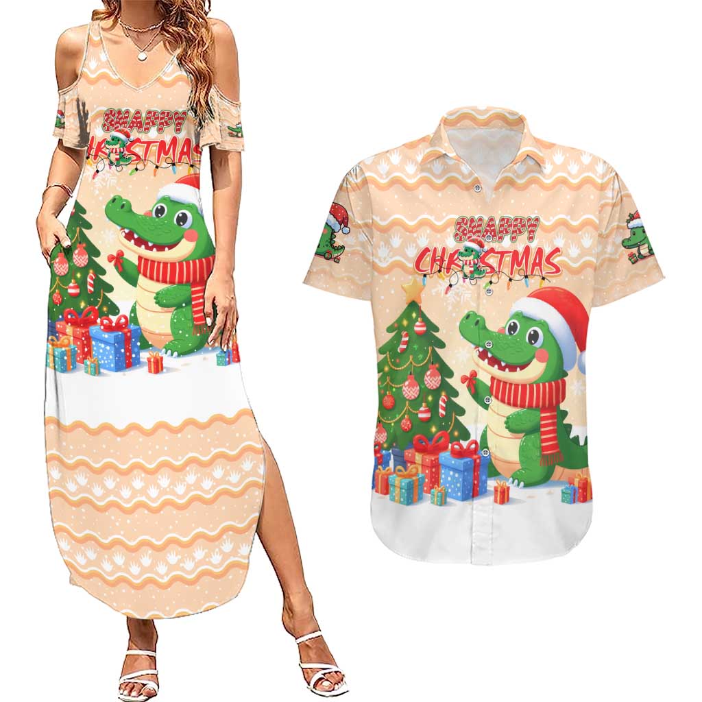 Crocodile Snappy Christmas Couples Matching Summer Maxi Dress and Hawaiian Shirt Cute Alligator Holiday Tree Cartoon Design - Wonder Print Shop