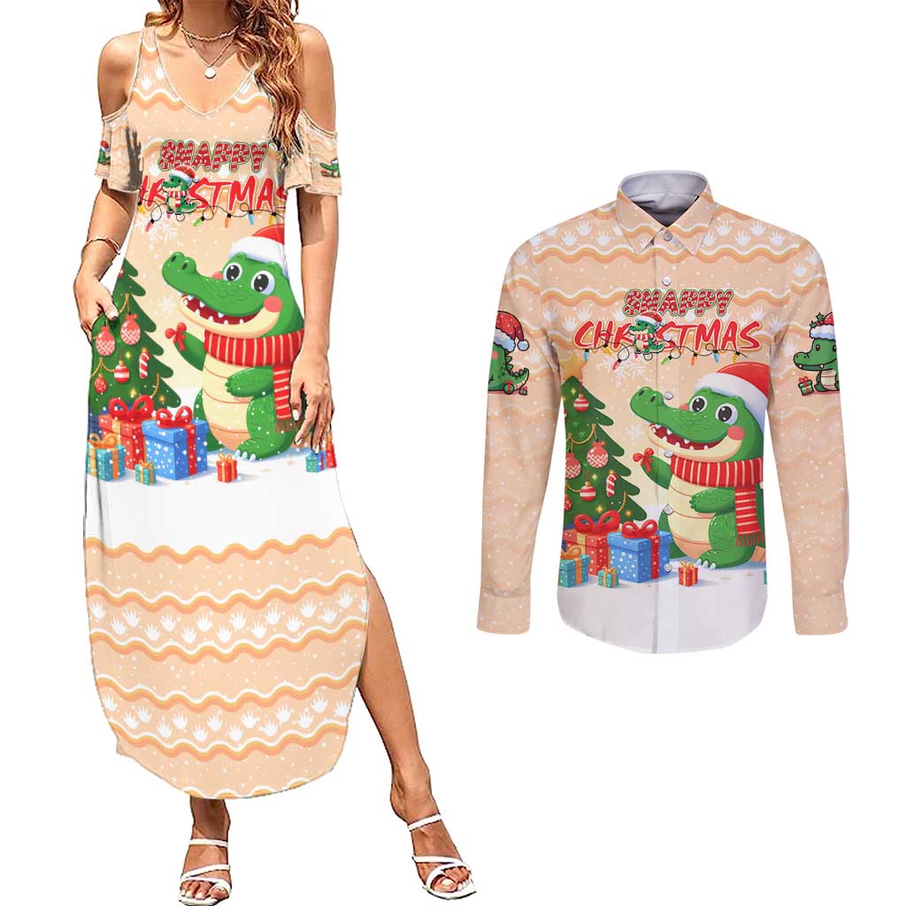 Crocodile Snappy Christmas Couples Matching Summer Maxi Dress and Long Sleeve Button Shirt Cute Alligator Holiday Tree Cartoon Design - Wonder Print Shop