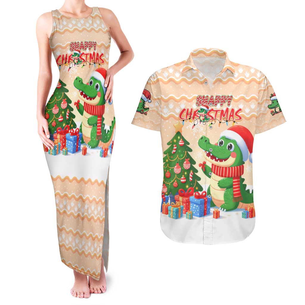 Crocodile Snappy Christmas Couples Matching Tank Maxi Dress and Hawaiian Shirt Cute Alligator Holiday Tree Cartoon Design - Wonder Print Shop