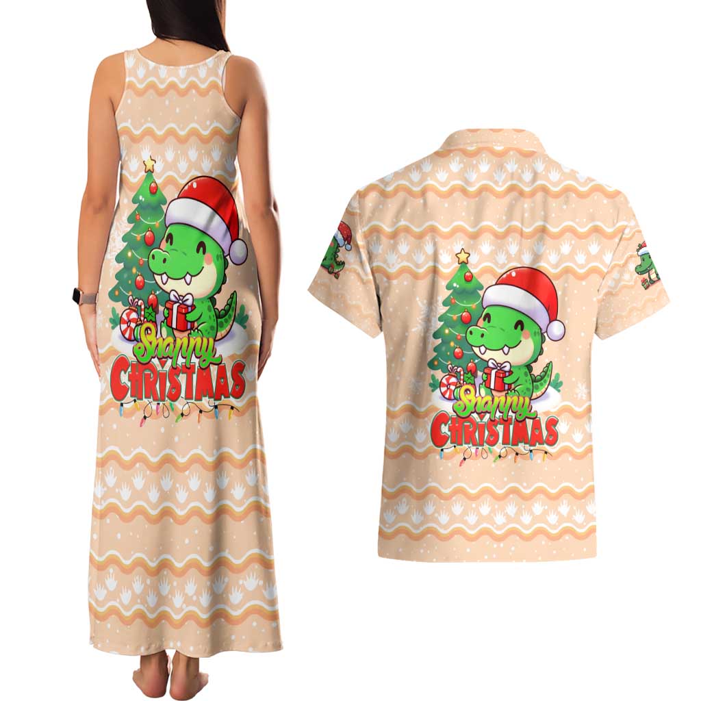 Crocodile Snappy Christmas Couples Matching Tank Maxi Dress and Hawaiian Shirt Cute Alligator Holiday Tree Cartoon Design - Wonder Print Shop