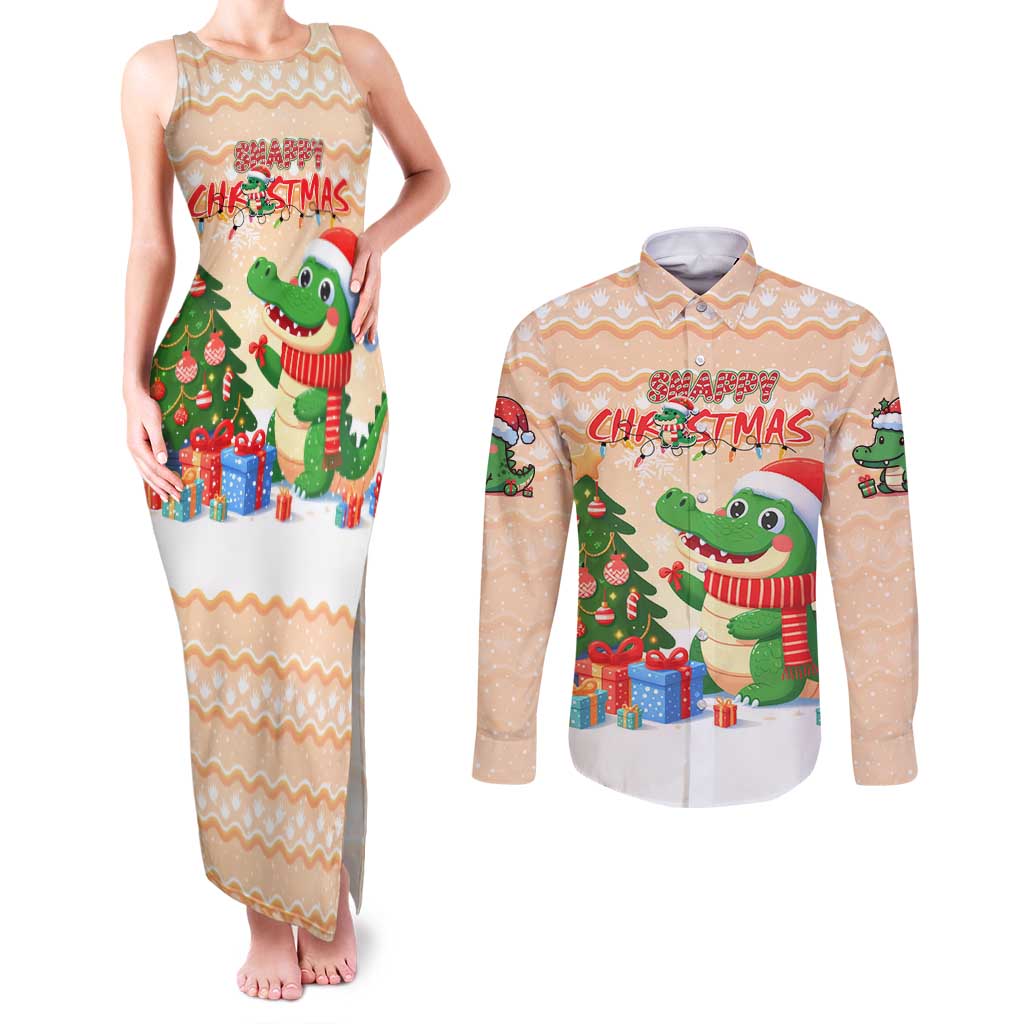 Crocodile Snappy Christmas Couples Matching Tank Maxi Dress and Long Sleeve Button Shirt Cute Alligator Holiday Tree Cartoon Design - Wonder Print Shop