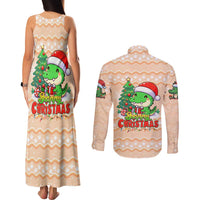 Crocodile Snappy Christmas Couples Matching Tank Maxi Dress and Long Sleeve Button Shirt Cute Alligator Holiday Tree Cartoon Design - Wonder Print Shop