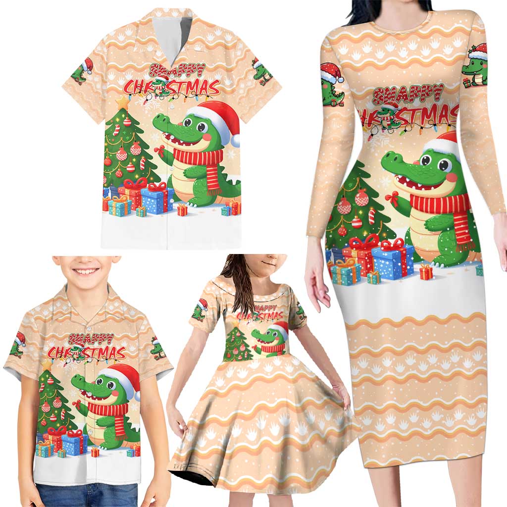 Crocodile Snappy Christmas Family Matching Long Sleeve Bodycon Dress and Hawaiian Shirt Cute Alligator Holiday Tree Cartoon Design - Wonder Print Shop