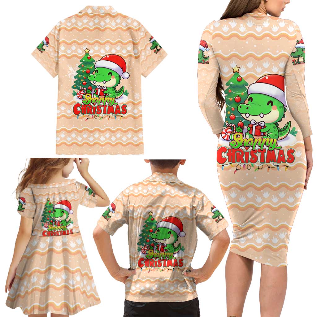 Crocodile Snappy Christmas Family Matching Long Sleeve Bodycon Dress and Hawaiian Shirt Cute Alligator Holiday Tree Cartoon Design - Wonder Print Shop
