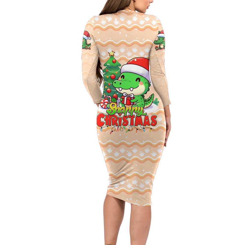 Crocodile Snappy Christmas Family Matching Long Sleeve Bodycon Dress and Hawaiian Shirt Cute Alligator Holiday Tree Cartoon Design - Wonder Print Shop
