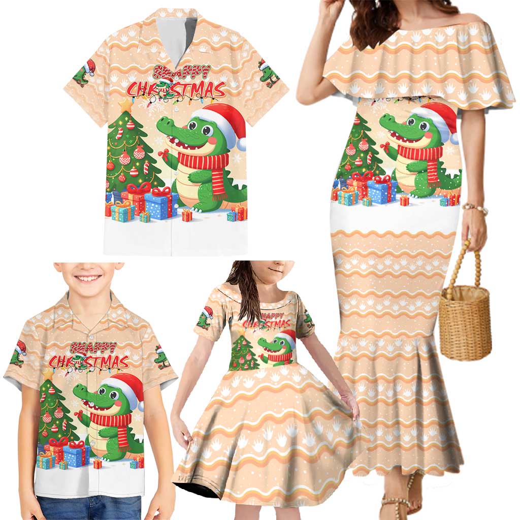 Crocodile Snappy Christmas Family Matching Mermaid Dress and Hawaiian Shirt Cute Alligator Holiday Tree Cartoon Design - Wonder Print Shop