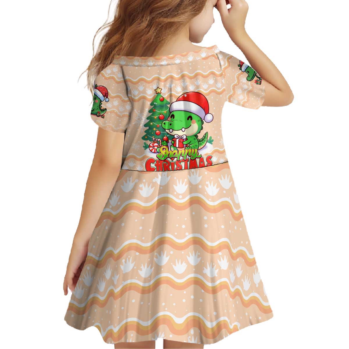 Crocodile Snappy Christmas Family Matching Off The Shoulder Long Sleeve Dress and Hawaiian Shirt Cute Alligator Holiday Tree Cartoon Design - Wonder Print Shop