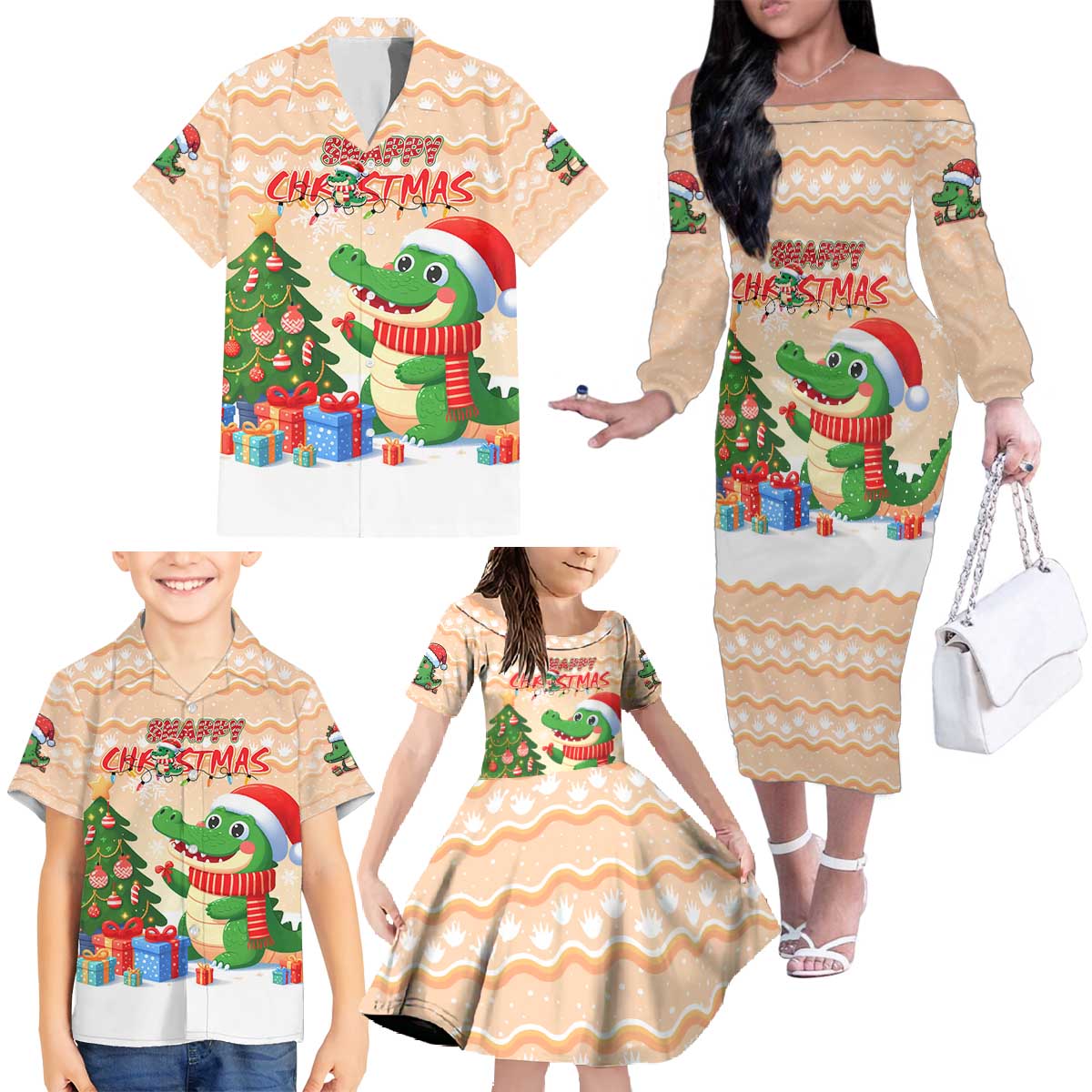 Crocodile Snappy Christmas Family Matching Off The Shoulder Long Sleeve Dress and Hawaiian Shirt Cute Alligator Holiday Tree Cartoon Design - Wonder Print Shop