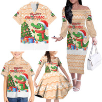Crocodile Snappy Christmas Family Matching Off The Shoulder Long Sleeve Dress and Hawaiian Shirt Cute Alligator Holiday Tree Cartoon Design - Wonder Print Shop