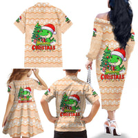 Crocodile Snappy Christmas Family Matching Off The Shoulder Long Sleeve Dress and Hawaiian Shirt Cute Alligator Holiday Tree Cartoon Design - Wonder Print Shop