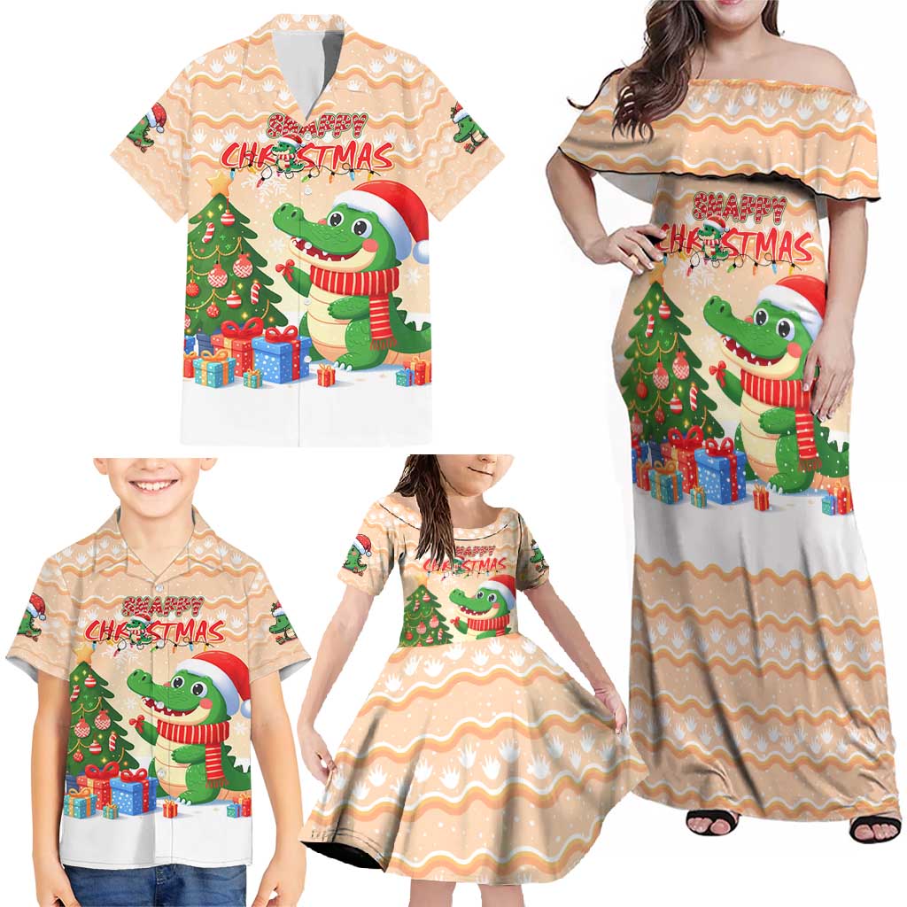 Crocodile Snappy Christmas Family Matching Off Shoulder Maxi Dress and Hawaiian Shirt Cute Alligator Holiday Tree Cartoon Design - Wonder Print Shop