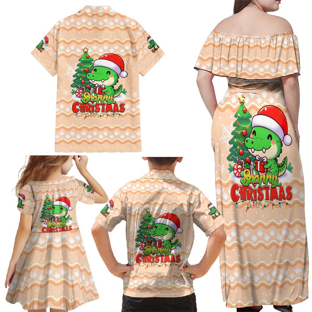 Crocodile Snappy Christmas Family Matching Off Shoulder Maxi Dress and Hawaiian Shirt Cute Alligator Holiday Tree Cartoon Design - Wonder Print Shop