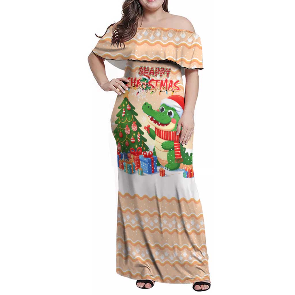 Crocodile Snappy Christmas Family Matching Off Shoulder Maxi Dress and Hawaiian Shirt Cute Alligator Holiday Tree Cartoon Design - Wonder Print Shop
