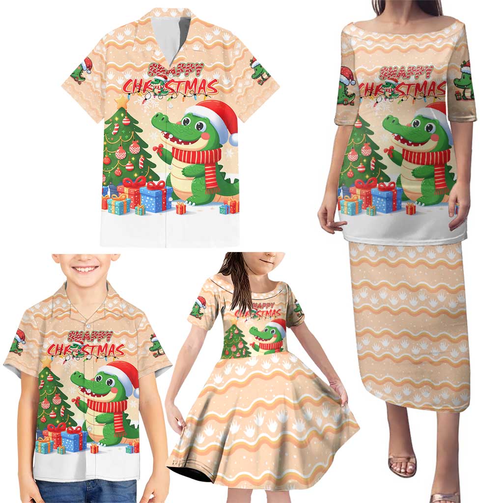 Crocodile Snappy Christmas Family Matching Puletasi and Hawaiian Shirt Cute Alligator Holiday Tree Cartoon Design - Wonder Print Shop