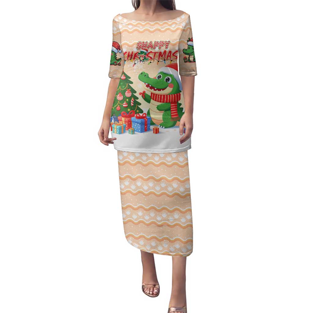 Crocodile Snappy Christmas Family Matching Puletasi and Hawaiian Shirt Cute Alligator Holiday Tree Cartoon Design - Wonder Print Shop
