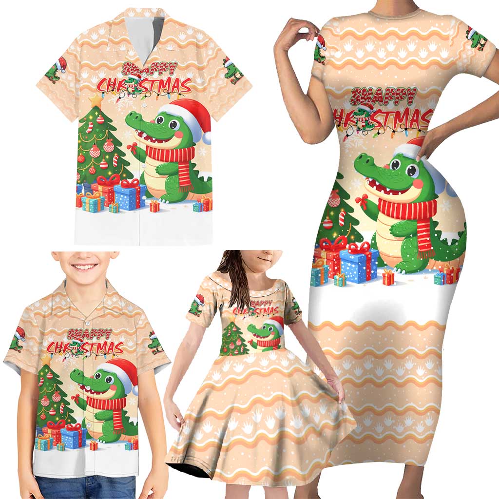 Crocodile Snappy Christmas Family Matching Short Sleeve Bodycon Dress and Hawaiian Shirt Cute Alligator Holiday Tree Cartoon Design - Wonder Print Shop