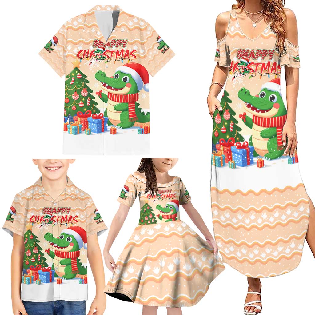 Crocodile Snappy Christmas Family Matching Summer Maxi Dress and Hawaiian Shirt Cute Alligator Holiday Tree Cartoon Design - Wonder Print Shop