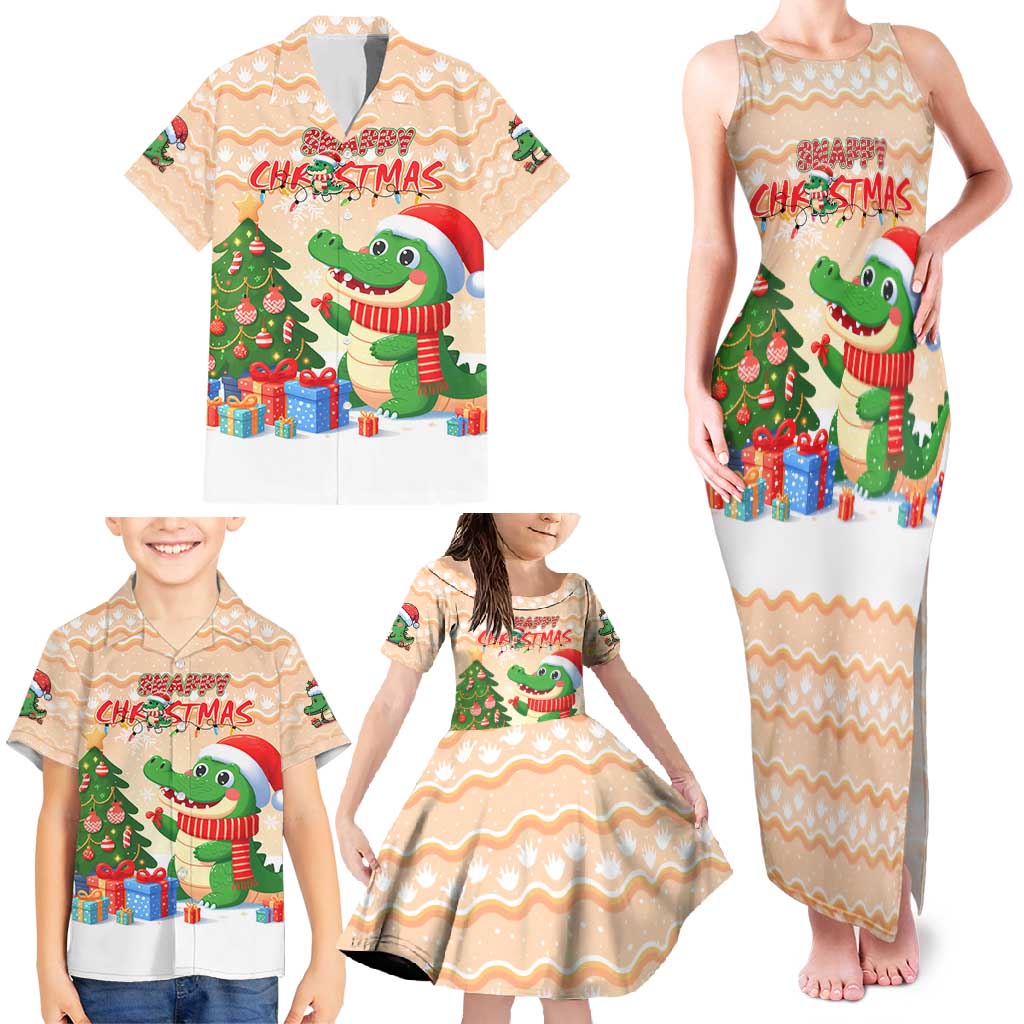 Crocodile Snappy Christmas Family Matching Tank Maxi Dress and Hawaiian Shirt Cute Alligator Holiday Tree Cartoon Design - Wonder Print Shop
