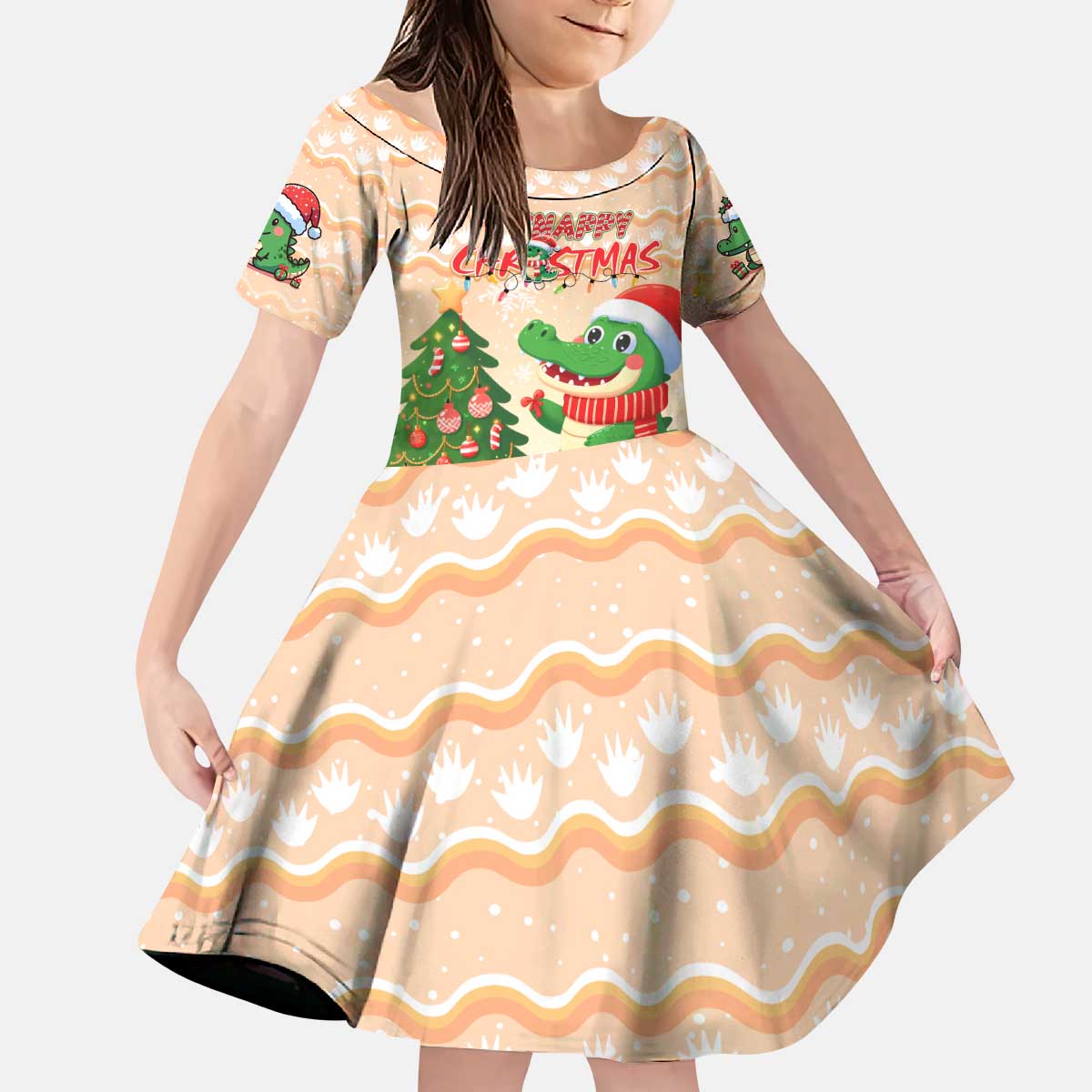 Crocodile Snappy Christmas Kid Short Sleeve Dress Cute Alligator Holiday Tree Cartoon Design - Wonder Print Shop