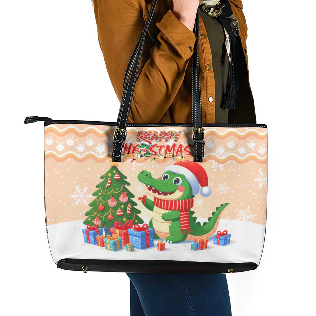 Crocodile Snappy Christmas Leather Tote Bag Cute Alligator Holiday Tree Cartoon Design - Wonder Print Shop