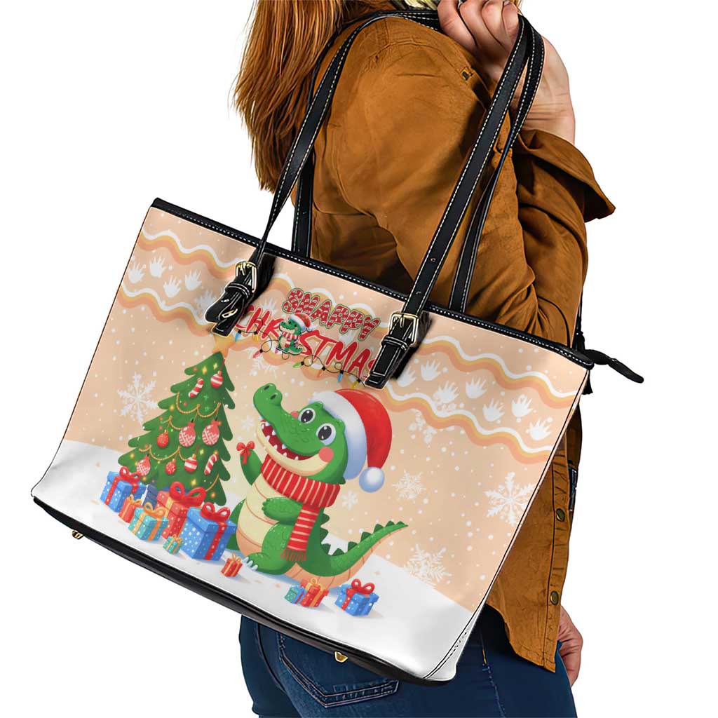 Crocodile Snappy Christmas Leather Tote Bag Cute Alligator Holiday Tree Cartoon Design - Wonder Print Shop
