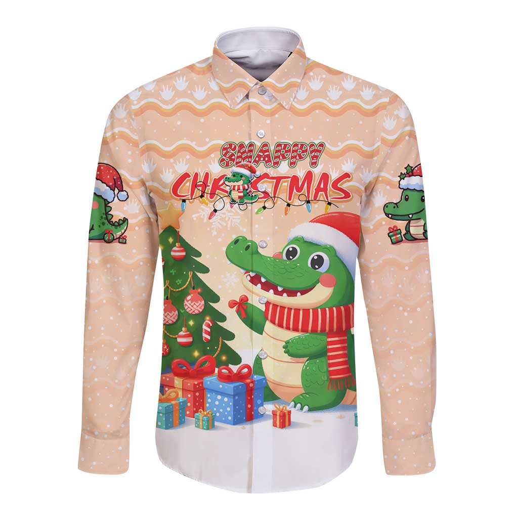Crocodile Snappy Christmas Long Sleeve Button Shirt Cute Alligator Holiday Tree Cartoon Design - Wonder Print Shop