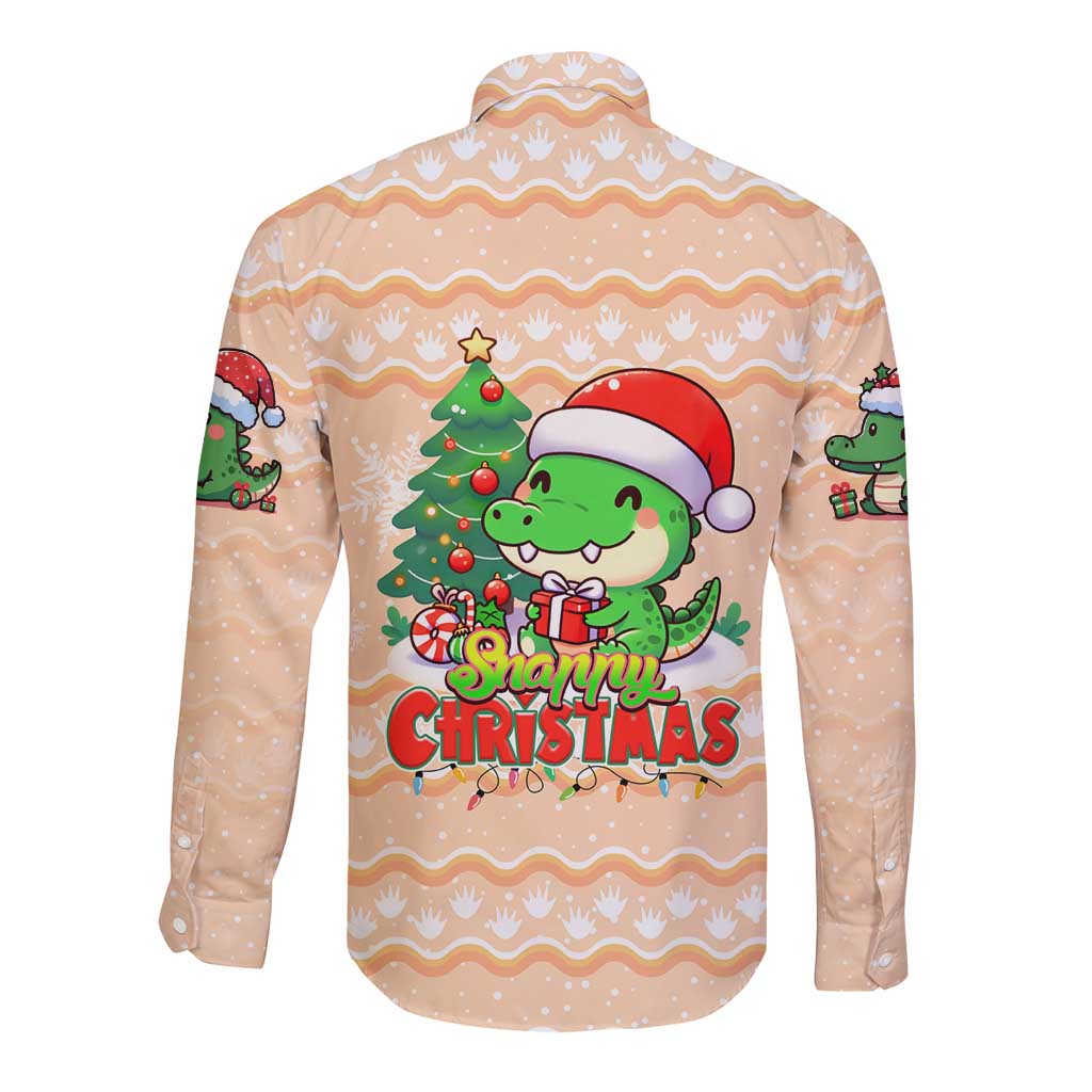 Crocodile Snappy Christmas Long Sleeve Button Shirt Cute Alligator Holiday Tree Cartoon Design - Wonder Print Shop