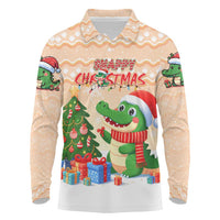 Crocodile Snappy Christmas Long Sleeve Polo Shirt Cute Alligator Holiday Tree Cartoon Design - Wonder Print Shop
