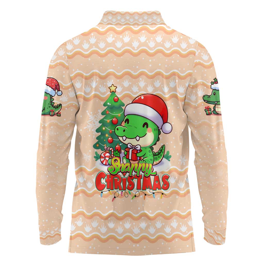 Crocodile Snappy Christmas Long Sleeve Polo Shirt Cute Alligator Holiday Tree Cartoon Design - Wonder Print Shop
