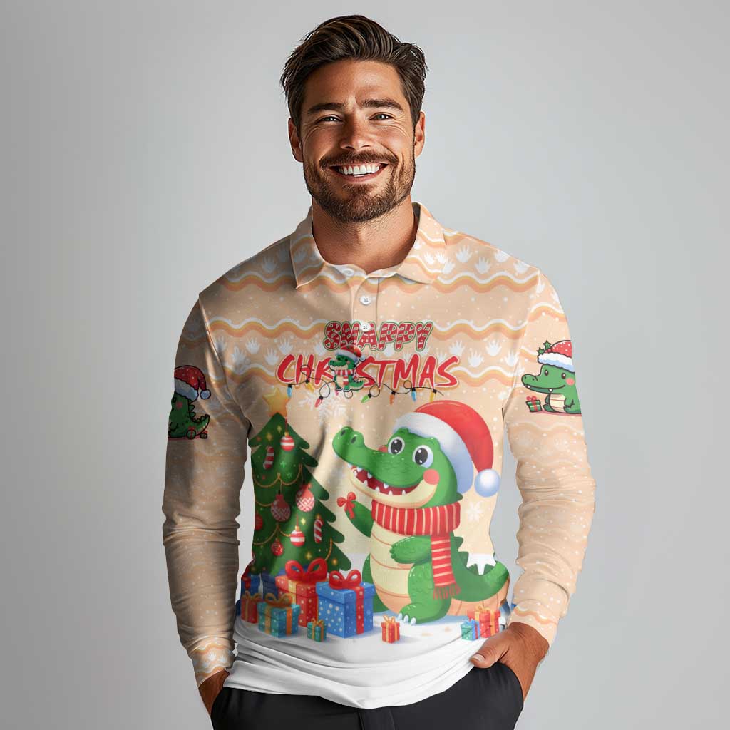 Crocodile Snappy Christmas Long Sleeve Polo Shirt Cute Alligator Holiday Tree Cartoon Design - Wonder Print Shop