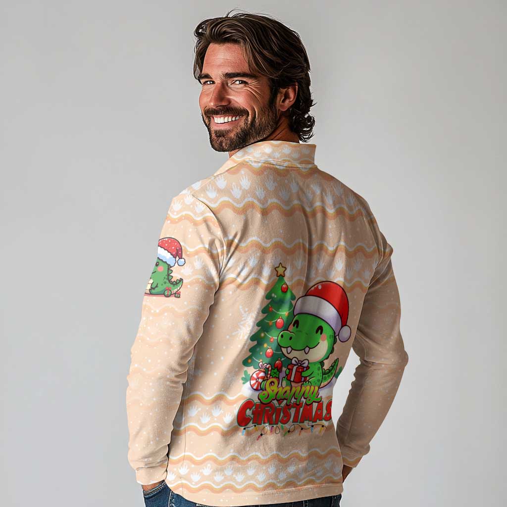 Crocodile Snappy Christmas Long Sleeve Polo Shirt Cute Alligator Holiday Tree Cartoon Design - Wonder Print Shop