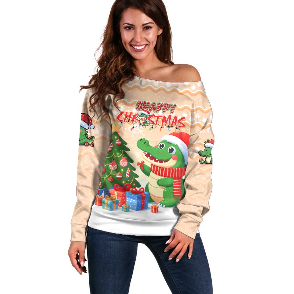 Crocodile Snappy Christmas Off Shoulder Sweater Cute Alligator Holiday Tree Cartoon Design - Wonder Print Shop