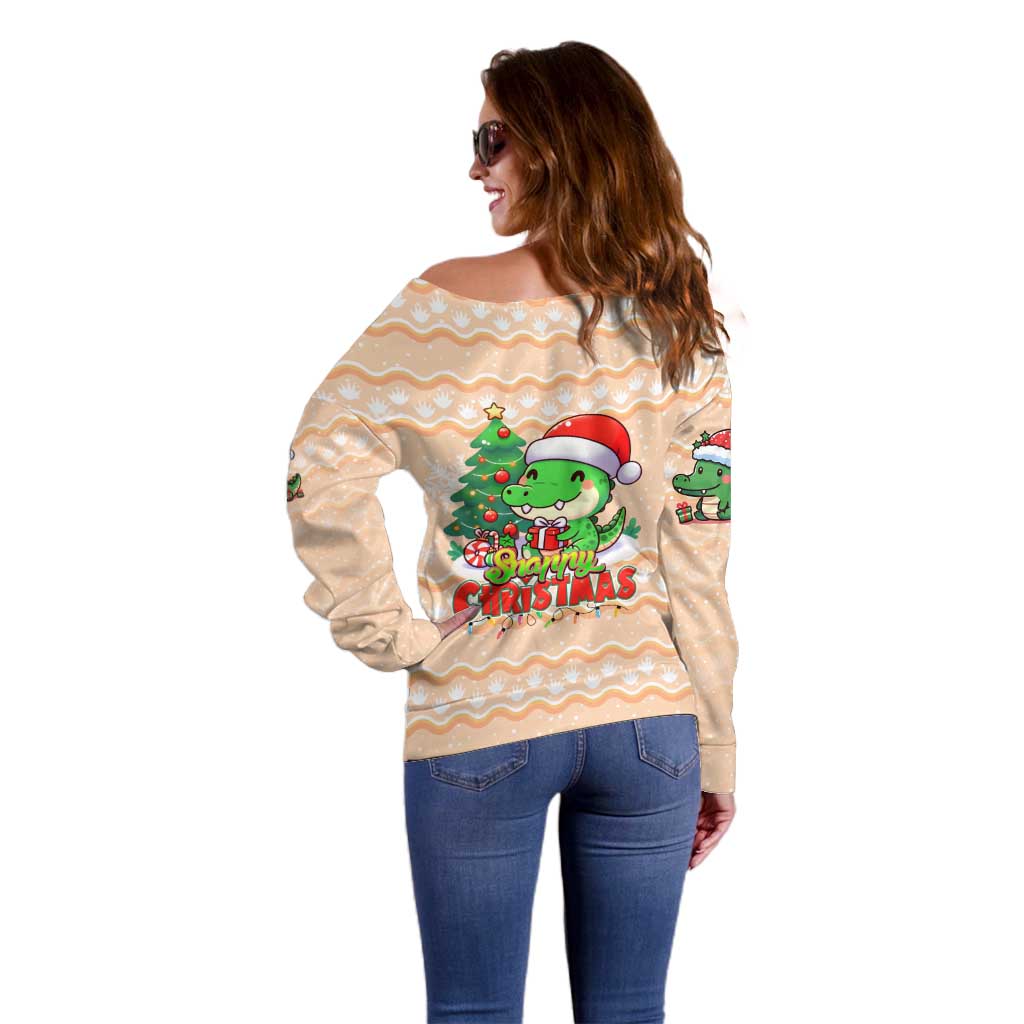 Crocodile Snappy Christmas Off Shoulder Sweater Cute Alligator Holiday Tree Cartoon Design - Wonder Print Shop