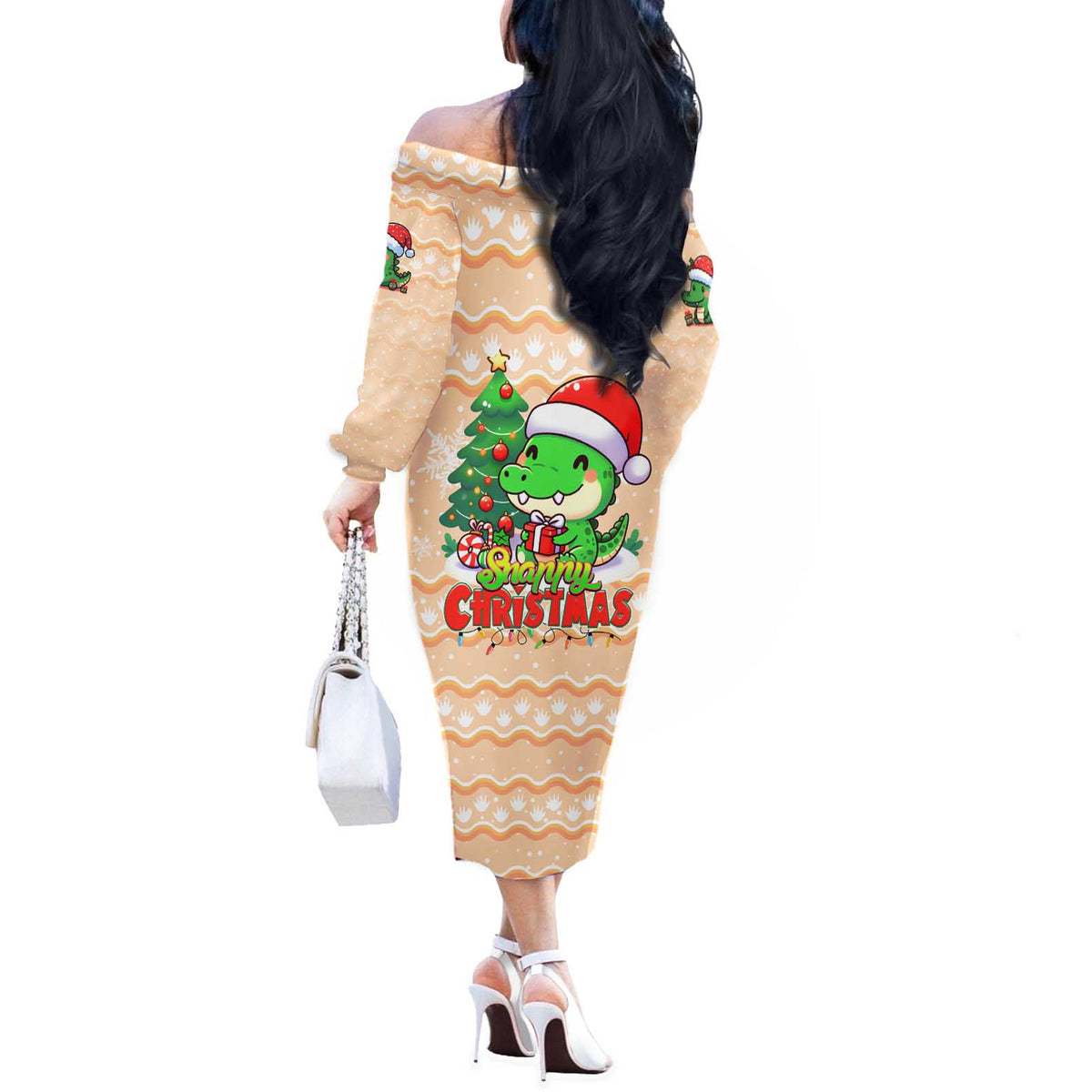 Crocodile Snappy Christmas Off The Shoulder Long Sleeve Dress Cute Alligator Holiday Tree Cartoon Design - Wonder Print Shop