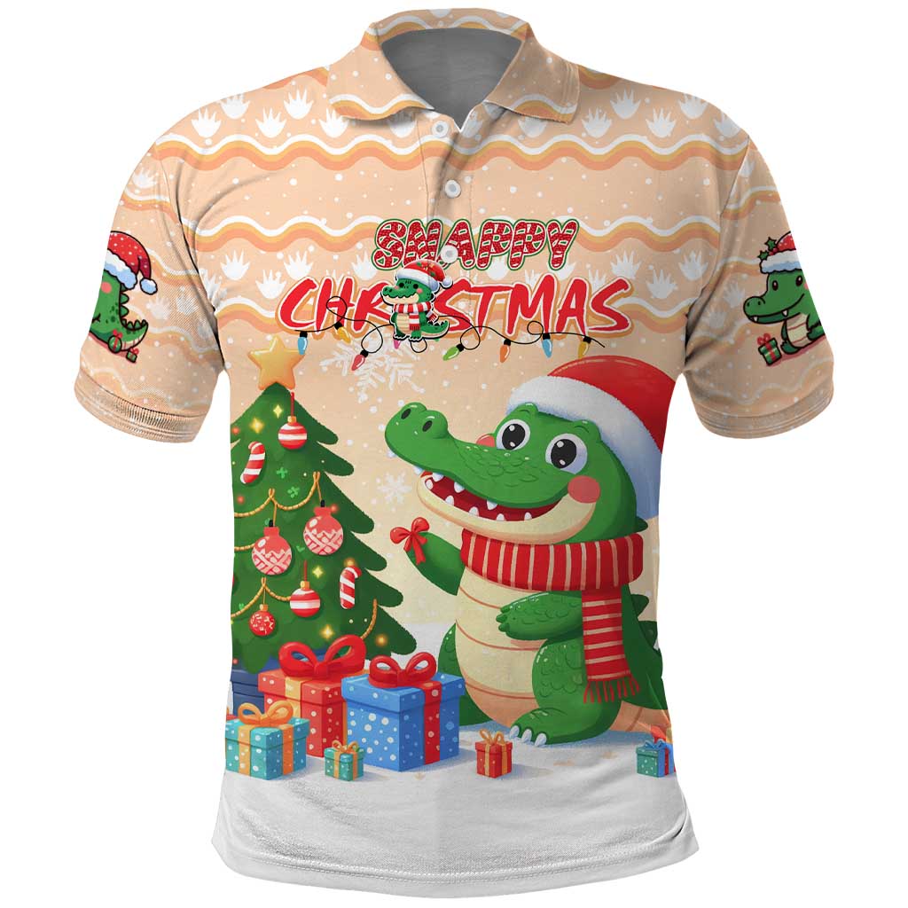 Crocodile Snappy Christmas Polo Shirt Cute Alligator Holiday Tree Cartoon Design - Wonder Print Shop