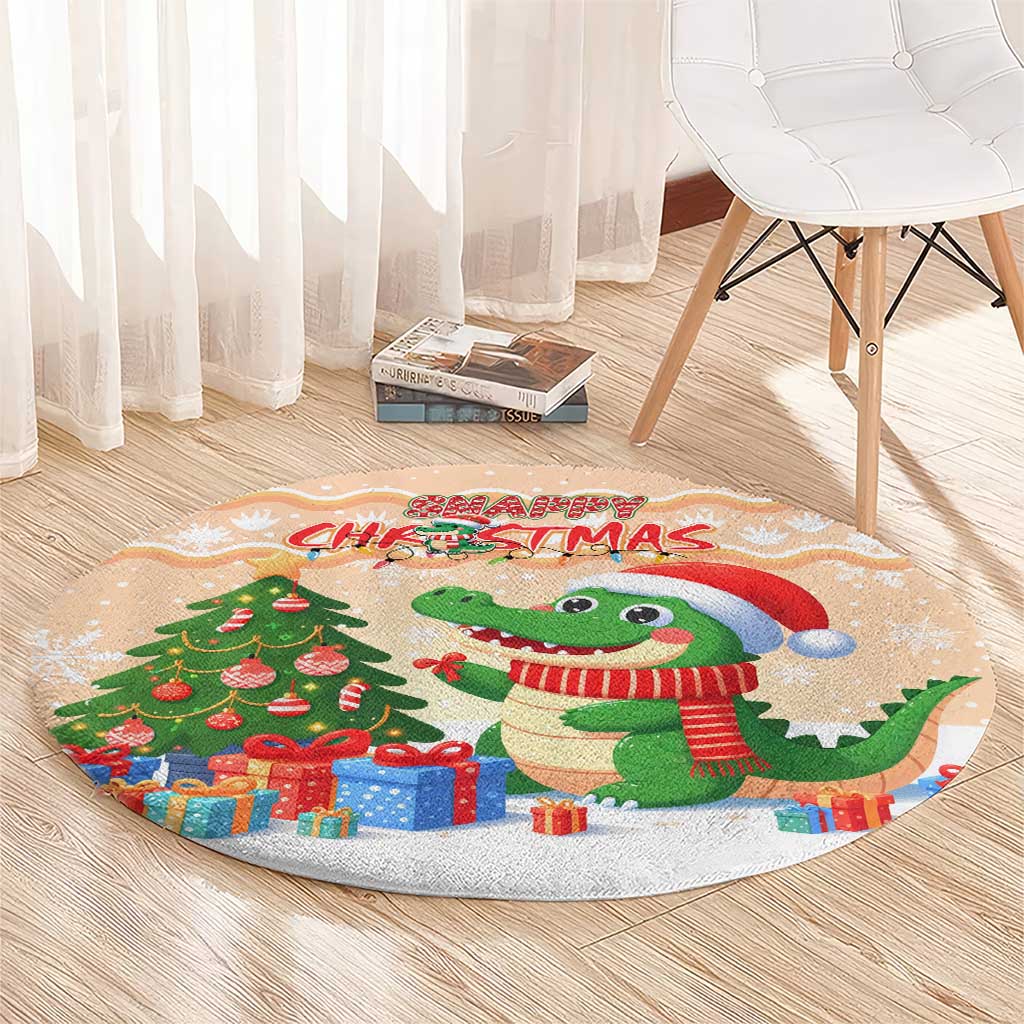 Crocodile Snappy Christmas Round Carpet Cute Alligator Holiday Tree Cartoon Design - Wonder Print Shop