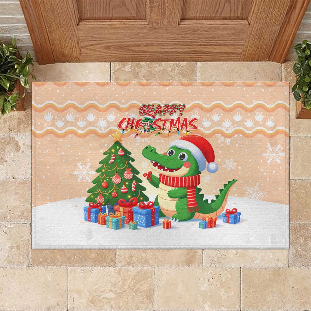 Crocodile Snappy Christmas Rubber Doormat Cute Alligator Holiday Tree Cartoon Design - Wonder Print Shop