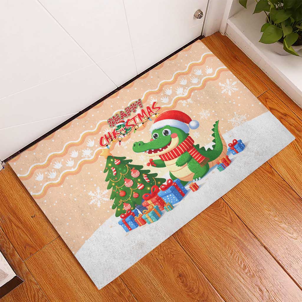 Crocodile Snappy Christmas Rubber Doormat Cute Alligator Holiday Tree Cartoon Design - Wonder Print Shop