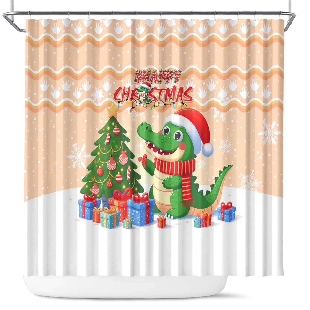 Crocodile Snappy Christmas Shower Curtain Cute Alligator Holiday Tree Cartoon Design - Wonder Print Shop