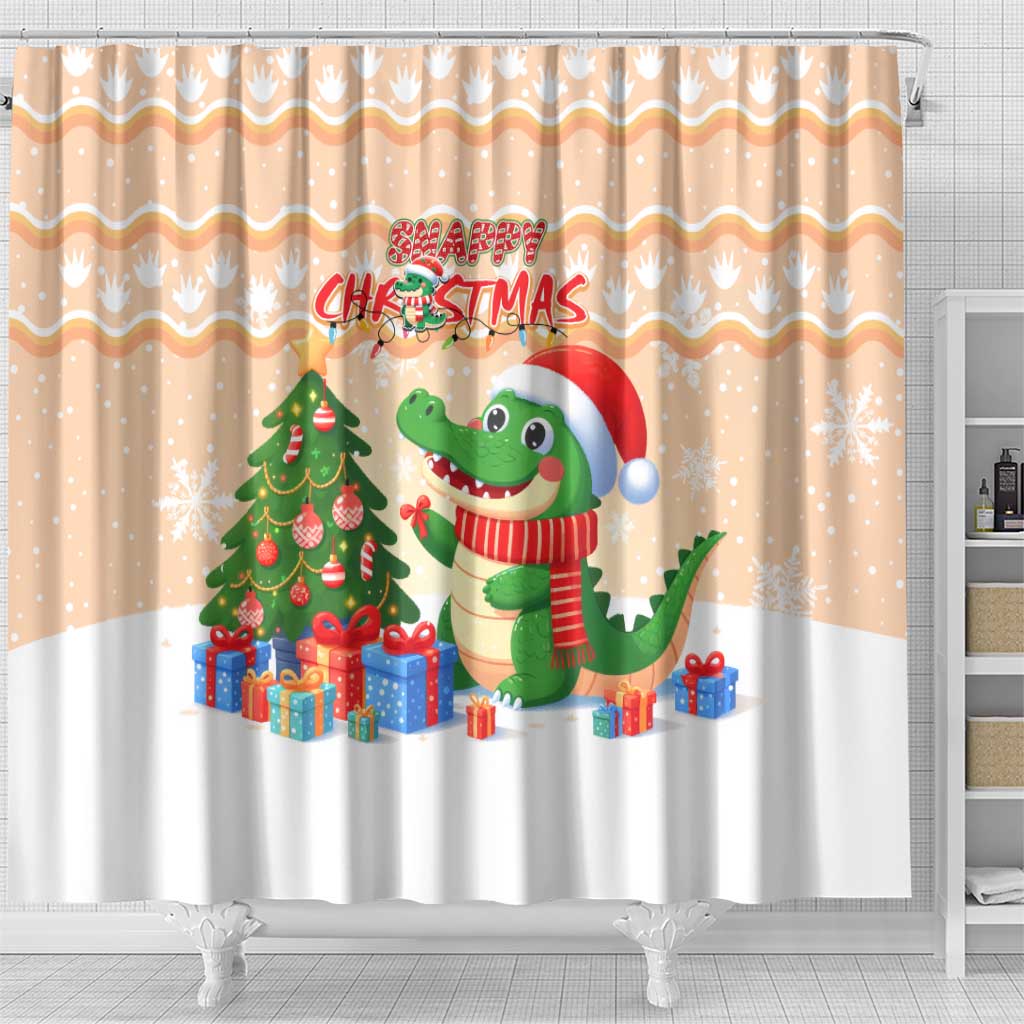 Crocodile Snappy Christmas Shower Curtain Cute Alligator Holiday Tree Cartoon Design - Wonder Print Shop
