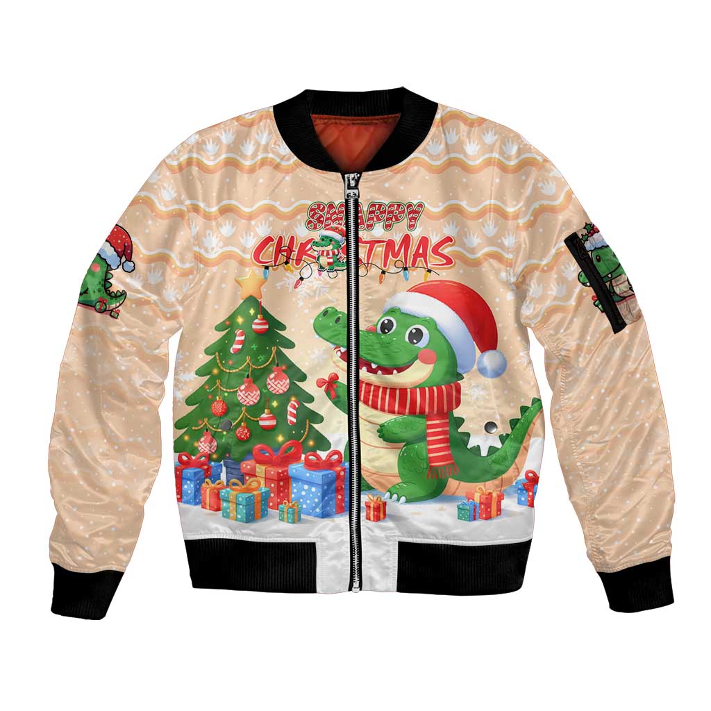 Crocodile Snappy Christmas Sleeve Zip Bomber Jacket Cute Alligator Holiday Tree Cartoon Design - Wonder Print Shop