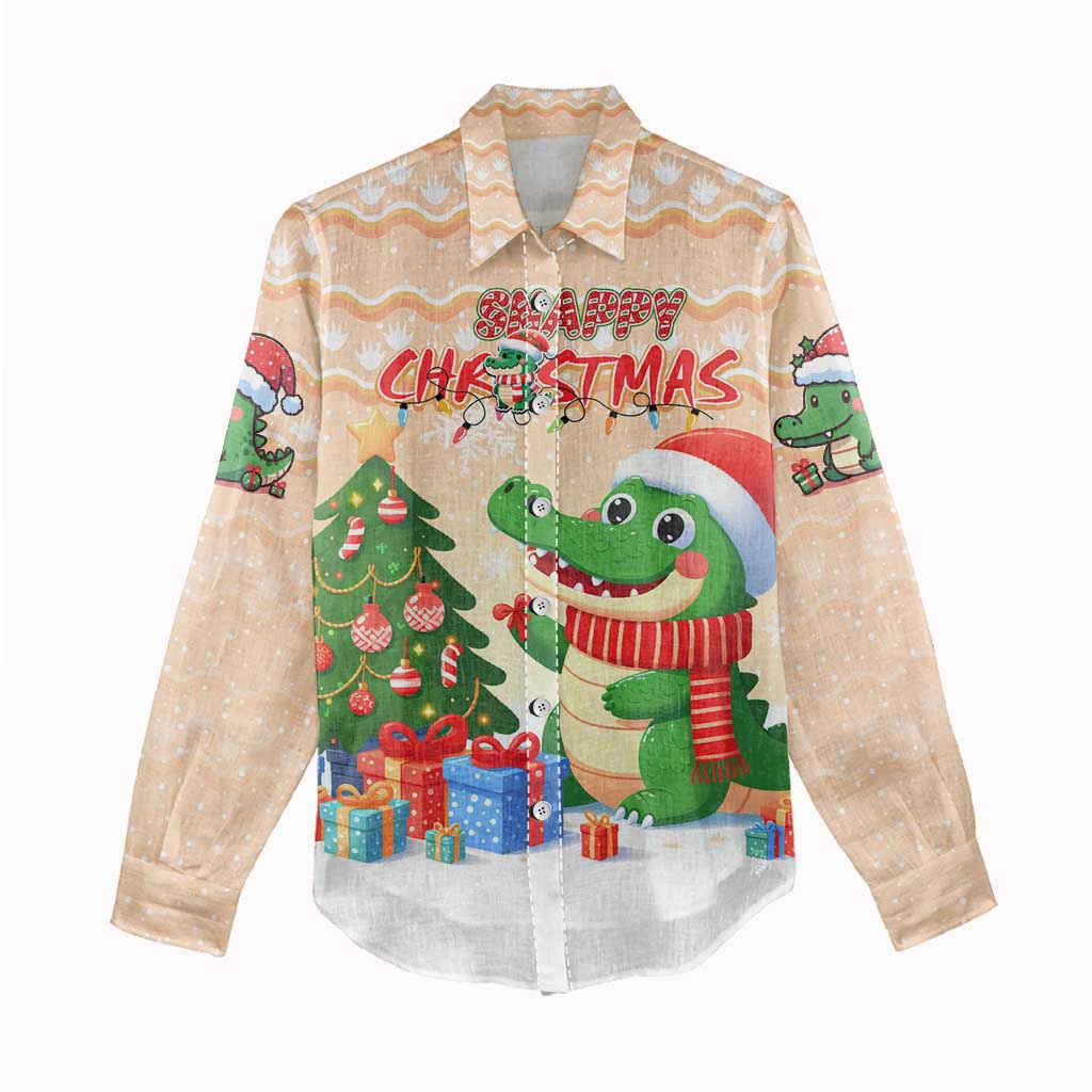 Crocodile Snappy Christmas Women Casual Shirt Cute Alligator Holiday Tree Cartoon Design - Wonder Print Shop